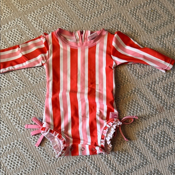 Ruffle Butts Other - Ruffle Butts Pink and Red Striped Kids Swim Rashguard